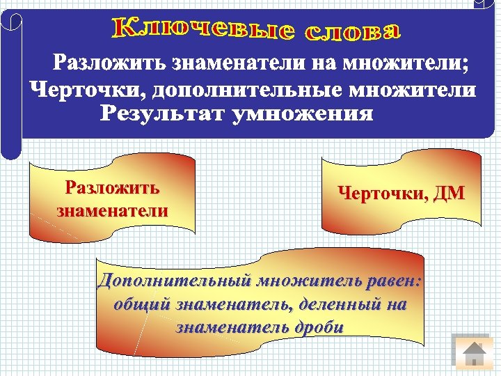 Разложить знаменатели Черточки, ДМ Дополнительный множитель равен: общий знаменатель, деленный на знаменатель дроби 