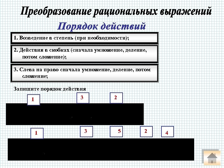 1. Возведение в степень (при необходимости); 2. Действия в скобках (сначала умножение, деление, потом