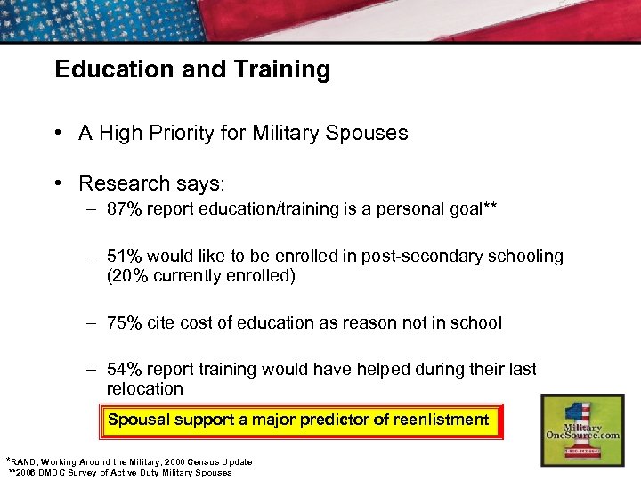 Education and Training • A High Priority for Military Spouses • Research says: –
