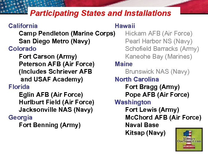 Participating States and Installations California Hawaii Camp Pendleton (Marine Corps) Hickam AFB (Air Force)