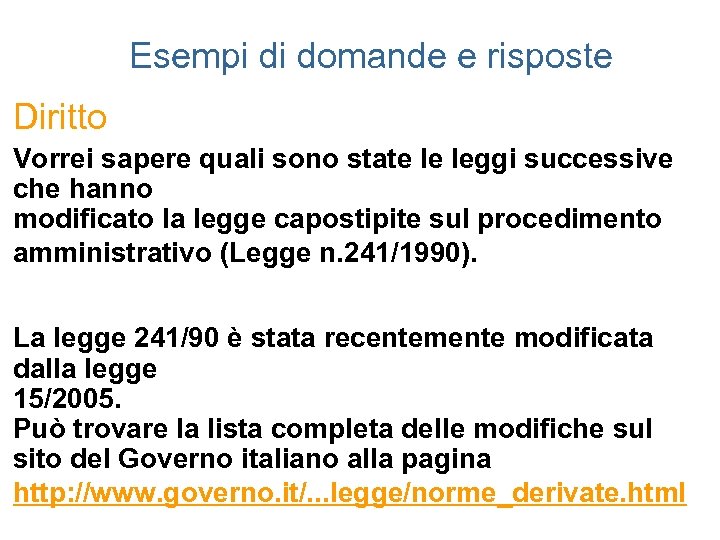 Esempi di domande e risposte Diritto Vorrei sapere quali sono state le leggi successive