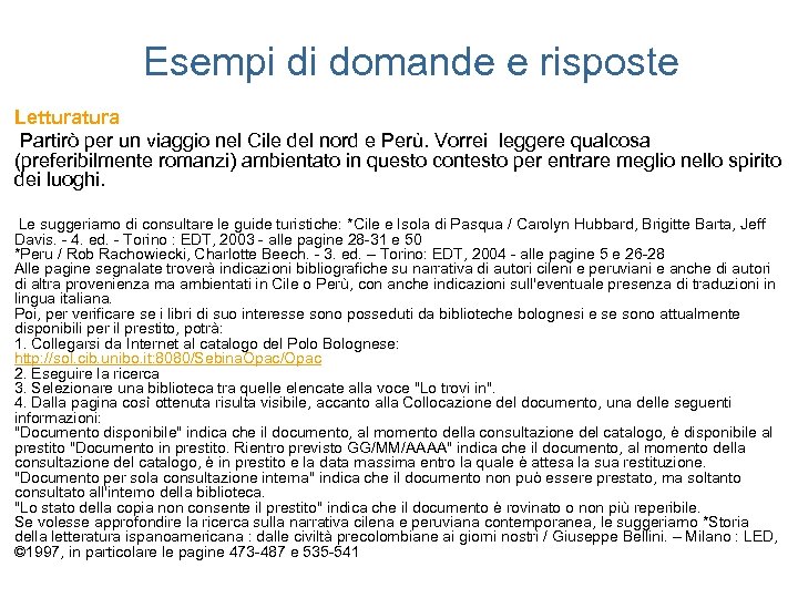 Esempi di domande e risposte Lettura Partirò per un viaggio nel Cile del nord
