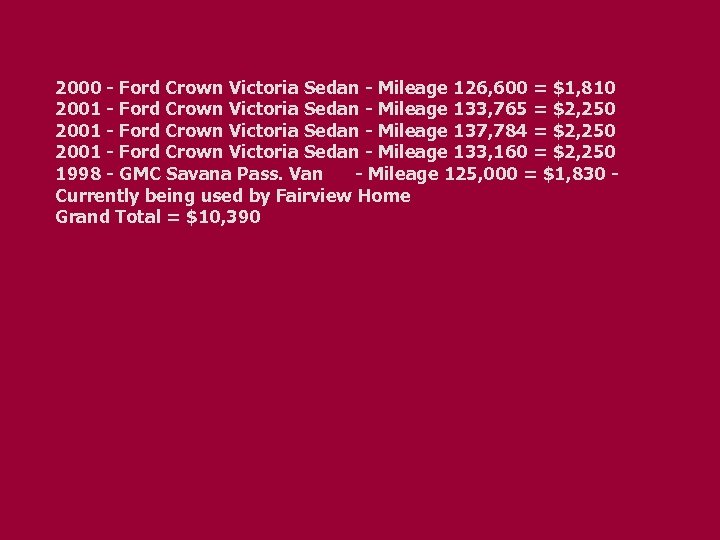 2000 - Ford Crown Victoria Sedan - Mileage 126, 600 = $1, 810 2001