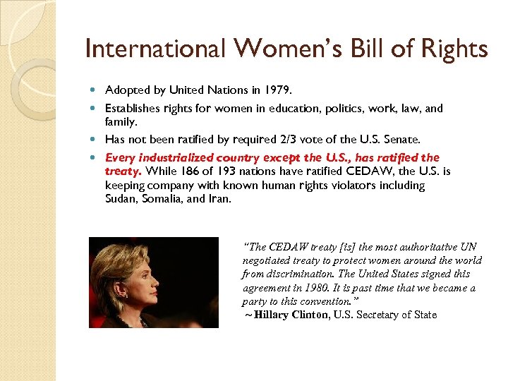 International Women’s Bill of Rights Adopted by United Nations in 1979. Establishes rights for