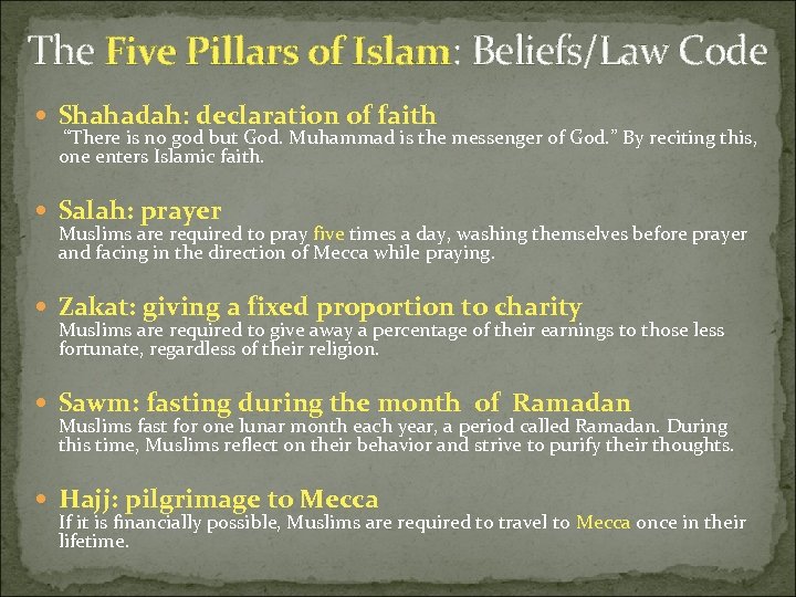 The Five Pillars of Islam: Beliefs/Law Code Shahadah: declaration of faith “There is no
