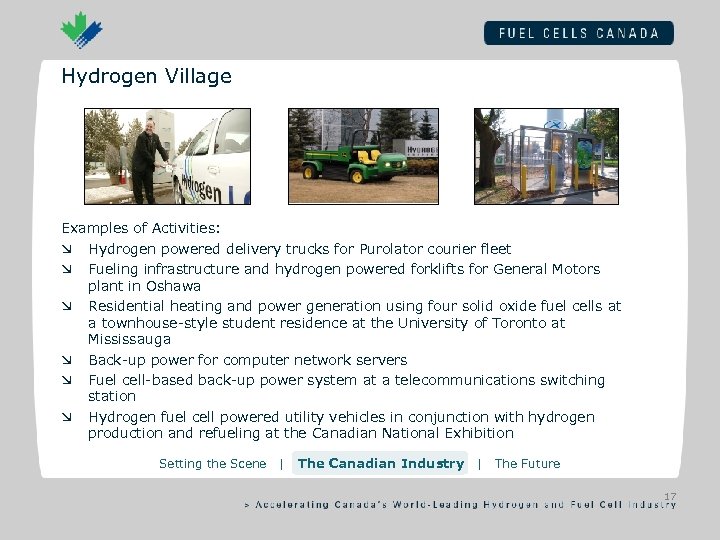 Hydrogen Village Examples of Activities: æ Hydrogen powered delivery trucks for Purolator courier fleet