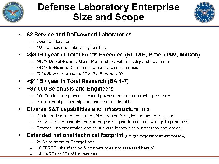 Defense Laboratory Enterprise Size and Scope • 62 Service and Do. D-owned Laboratories –