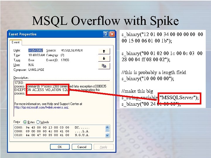 MSQL Overflow with Spike s_binary("12 01 00 34 00 00 00 15 00 06