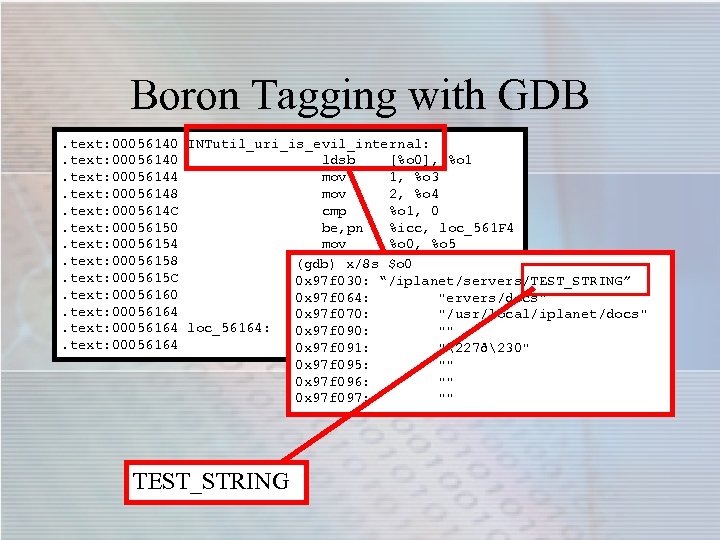 Boron Tagging with GDB. text: 00056140 INTutil_uri_is_evil_internal: . text: 00056140 ldsb [%o 0], %o