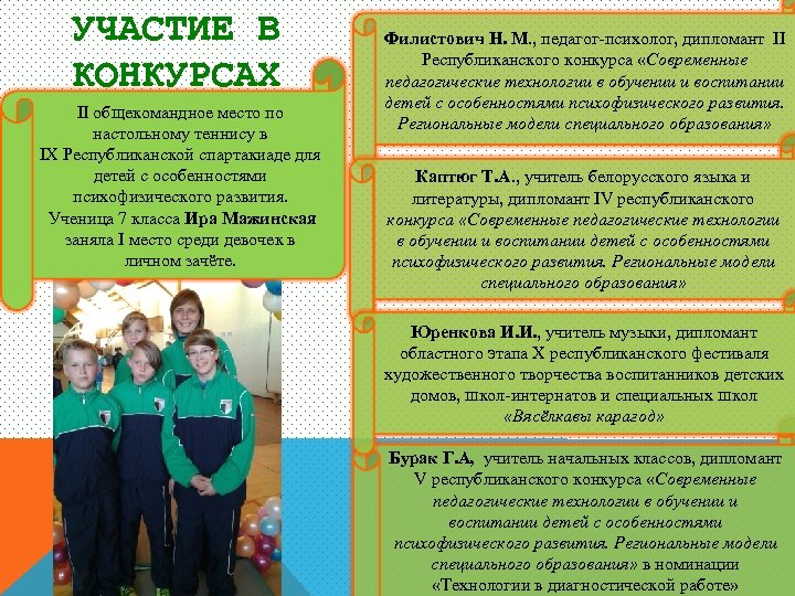 УЧАСТИЕ В КОНКУРСАХ II общекомандное место по настольному теннису в IX Республиканской спартакиаде для