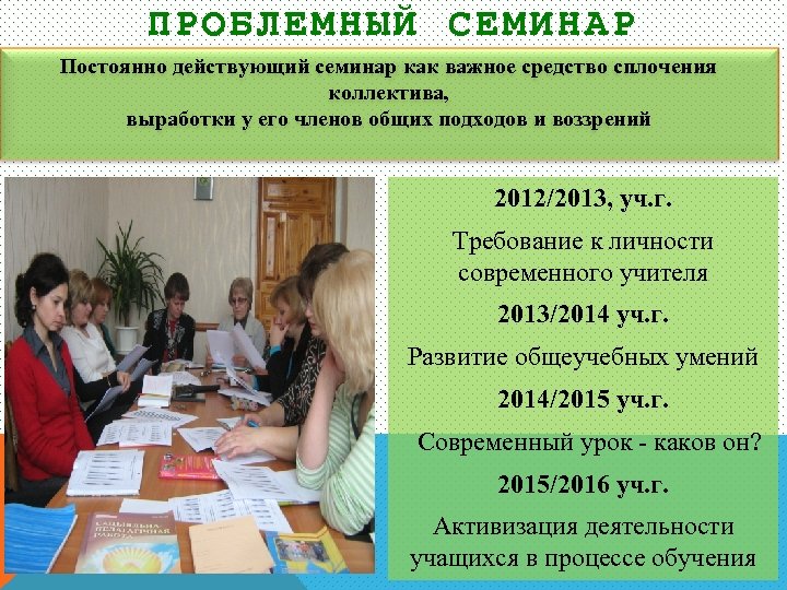 ПРОБЛЕМНЫЙ СЕМИНАР Постоянно действующий семинар как важное средство сплочения коллектива, выработки у его членов