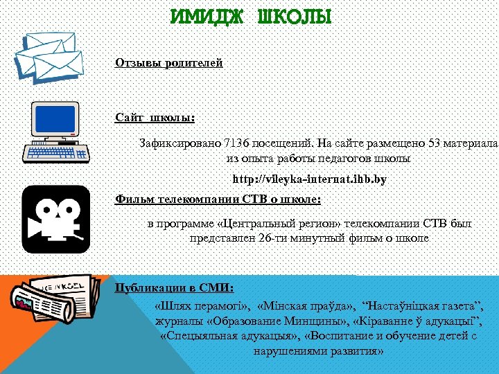 ИМИДЖ ШКОЛЫ Отзывы родителей Сайт школы: Зафиксировано 7136 посещений. На сайте размещено 53 материала