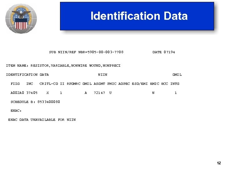 Identification Data SUB NIIN/REF NBR=5905 -00 -003 -7708 DATE 07194 ITEM NAME: RESISTOR, VARIABLE,