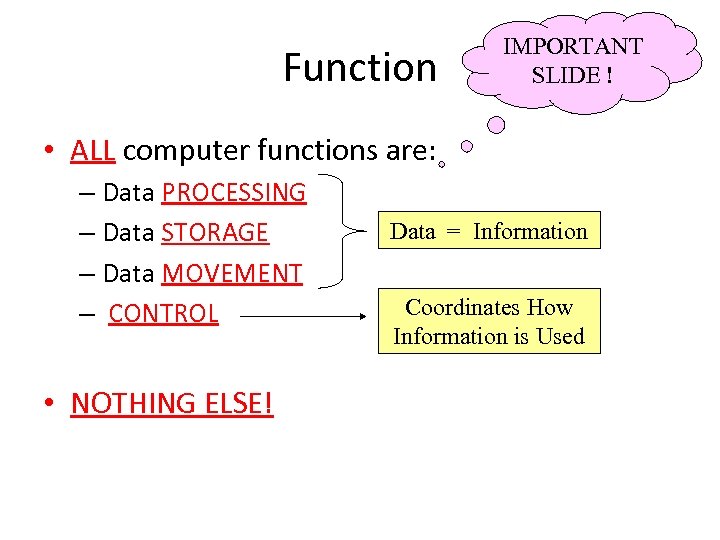 Function IMPORTANT SLIDE ! • ALL computer functions are: – Data PROCESSING – Data