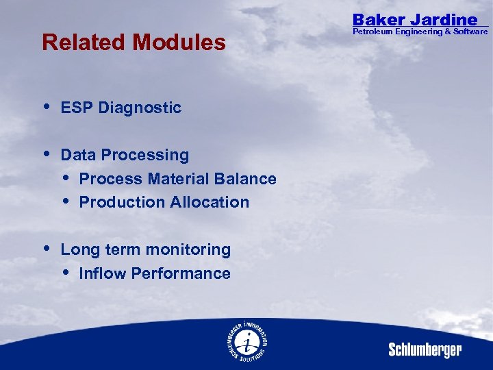 Related Modules ESP Diagnostic Data Processing Process Material Balance Production Allocation Long term monitoring