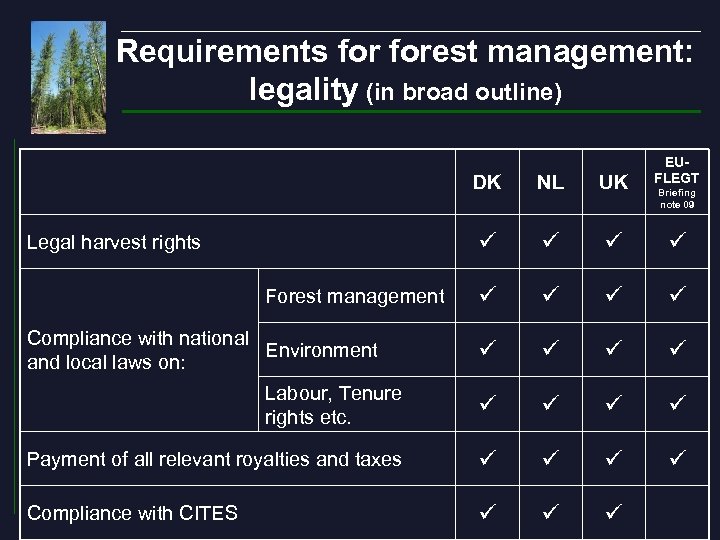 Requirements forest management: legality (in broad outline) EUFLEGT DK NL UK Labour, Tenure rights