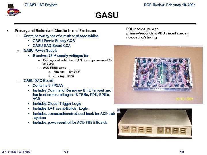 GLAST LAT Project DOE Review, February 18, 2005 GASU • Primary and Redundant Circuits