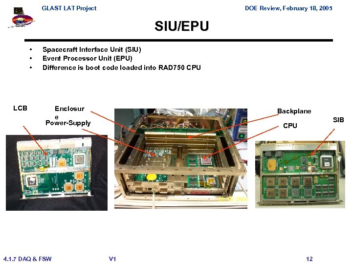 GLAST LAT Project DOE Review, February 18, 2005 SIU/EPU • • • LCB Spacecraft