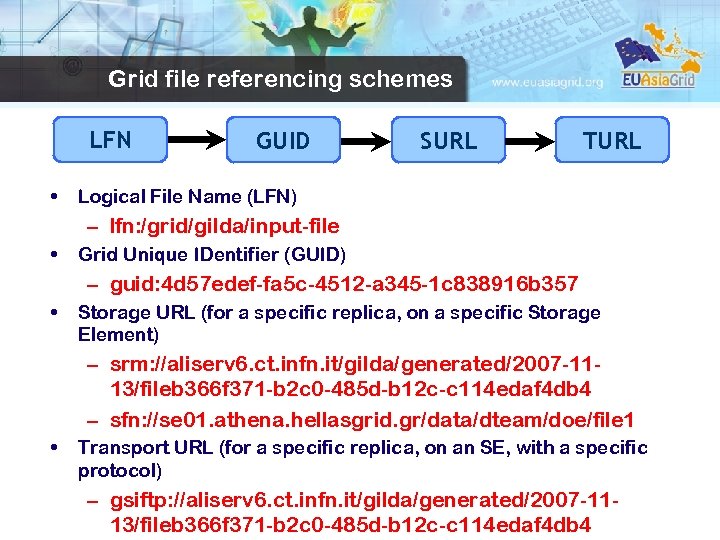 Grid file referencing schemes LFN • GUID SURL TURL Logical File Name (LFN) –