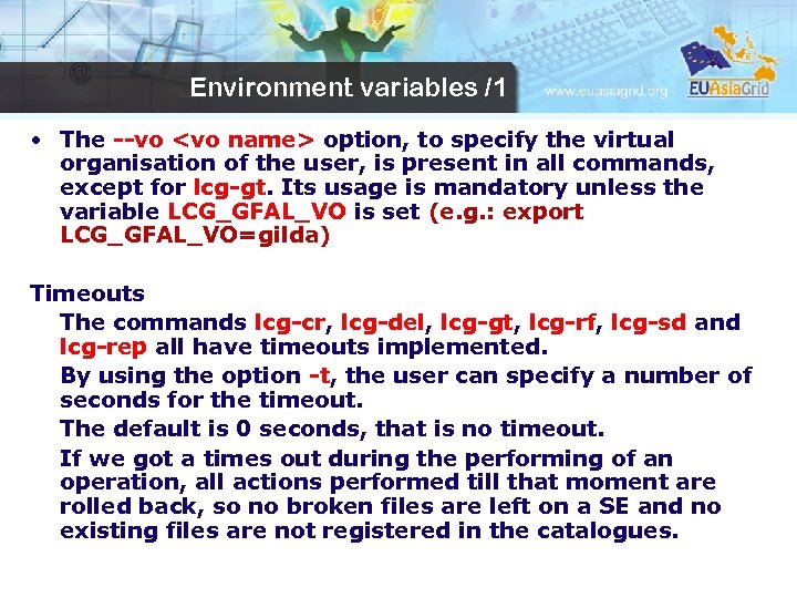 Environment variables /1 • The --vo <vo name> option, to specify the virtual organisation