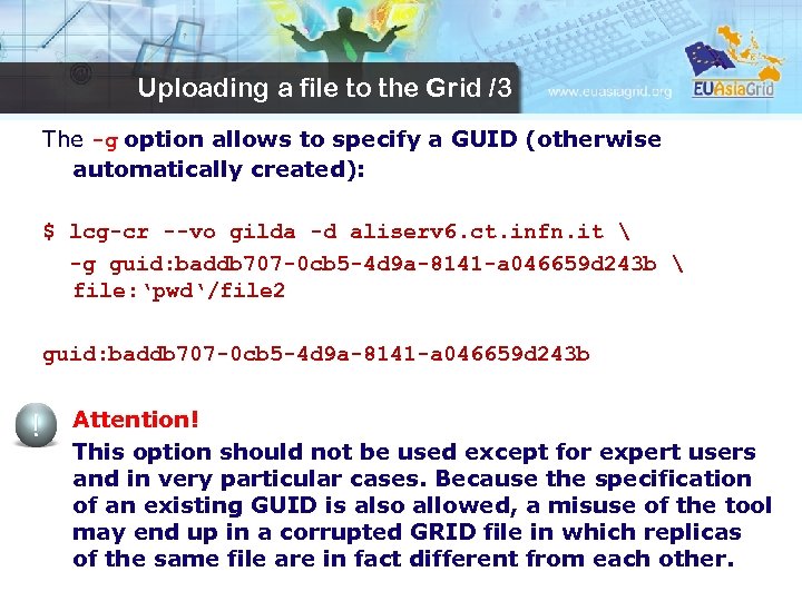 Uploading a file to the Grid /3 The -g option allows to specify a