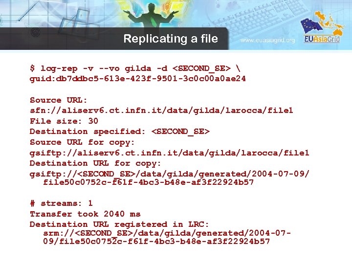 Replicating a file $ lcg-rep -v --vo gilda -d <SECOND_SE>  guid: db 7