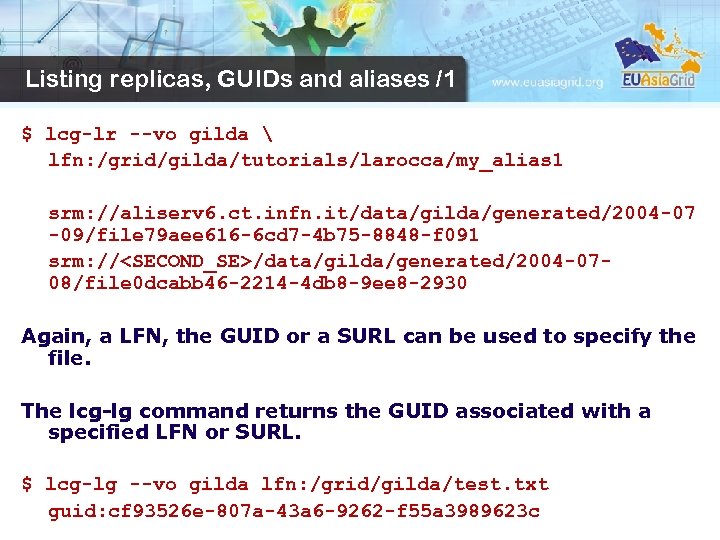 Listing replicas, GUIDs and aliases /1 $ lcg-lr --vo gilda  lfn: /grid/gilda/tutorials/larocca/my_alias 1