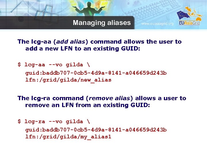 Managing aliases The lcg-aa (add alias) command allows the user to add a new