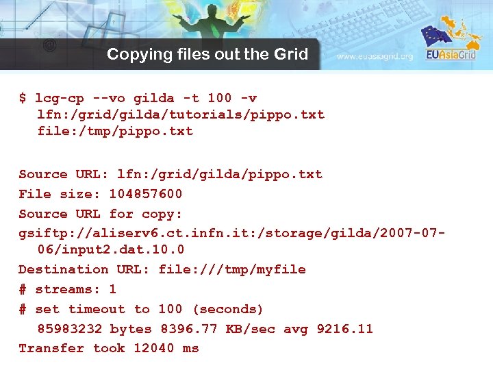 Copying files out the Grid $ lcg-cp --vo gilda -t 100 -v lfn: /grid/gilda/tutorials/pippo.