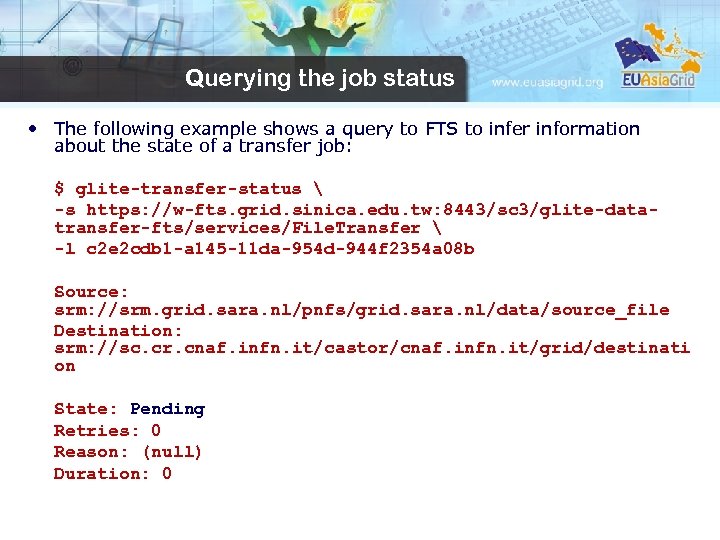 Querying the job status • The following example shows a query to FTS to