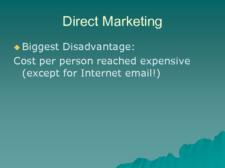 Direct Marketing u Biggest Disadvantage: Cost person reached expensive (except for Internet email!) 