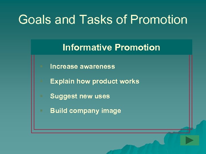Goals and Tasks of Promotion Informative Promotion § Increase awareness § Explain how product