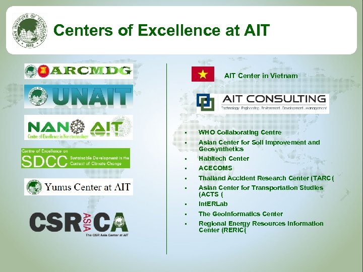 Centers of Excellence at AIT Center in Vietnam • • • WHO Collaborating Centre