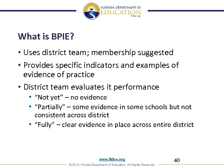 What is BPIE? • Uses district team; membership suggested • Provides specific indicators and