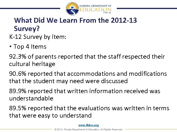 What Did We Learn From the 2012 -13 Survey? K-12 Survey by item: •