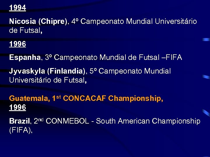 1994 Nicosia (Chipre), 4º Campeonato Mundial Universitário de Futsal, 1996 Espanha, 3º Campeonato Mundial