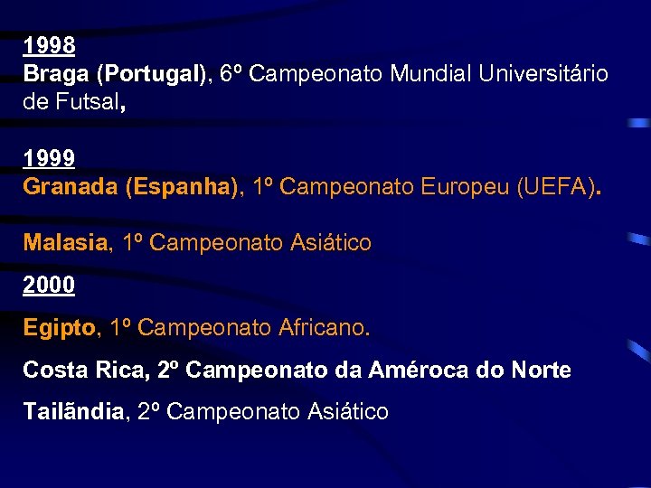 1998 Braga (Portugal), 6º Campeonato Mundial Universitário de Futsal, 1999 Granada (Espanha), 1º Campeonato