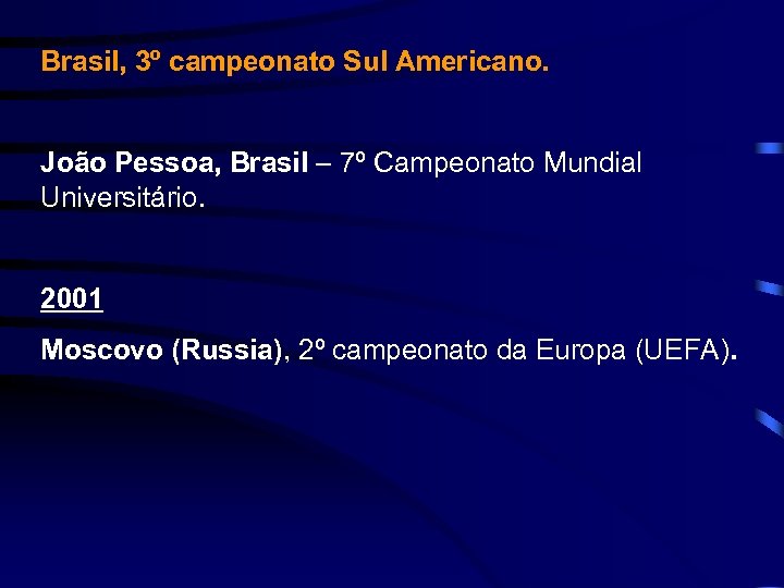 Brasil, 3º campeonato Sul Americano. João Pessoa, Brasil – 7º Campeonato Mundial Universitário. 2001