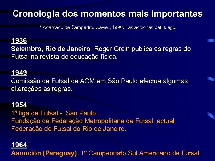 Cronologia dos momentos mais importantes * Adaptado de Sampedro, Xavier, 1998. Las acciones del