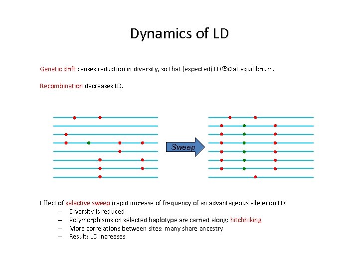Dynamics of LD Genetic drift causes reduction in diversity, so that (expected) LD 0