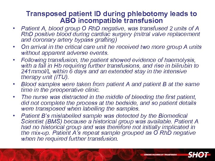 Transposed patient ID during phlebotomy leads to ABO incompatible transfusion • Patient A, blood