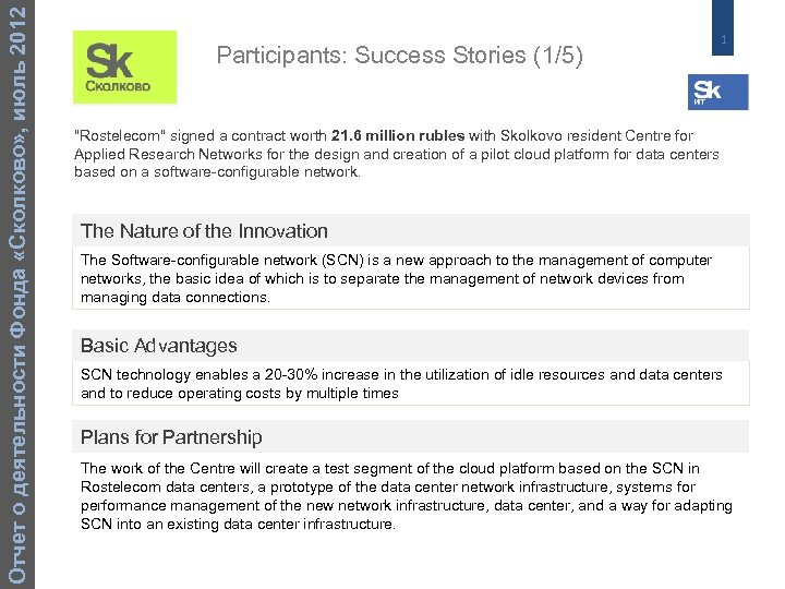 Отчет о деятельности Фонда «Сколково» , июль 2012 Participants: Success Stories (1/5) 1 