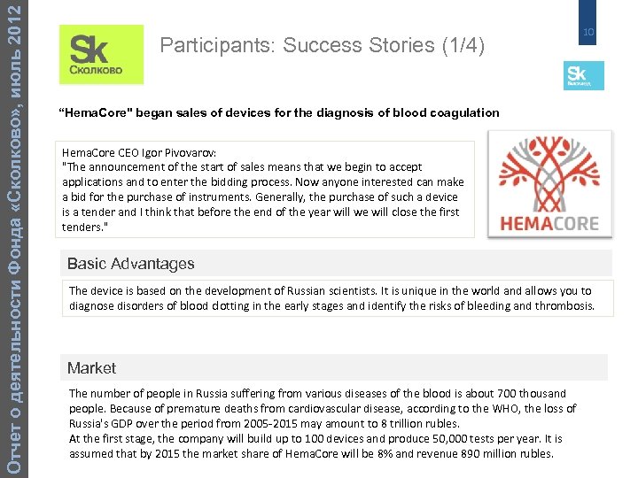 Отчет о деятельности Фонда «Сколково» , июль 2012 Participants: Success Stories (1/4) 10 “Hema.