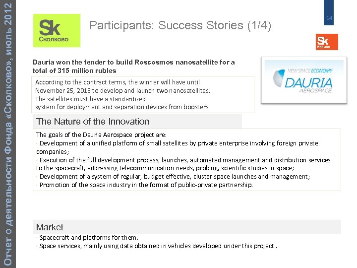 Отчет о деятельности Фонда «Сколково» , июль 2012 Participants: Success Stories (1/4) 14 Dauria