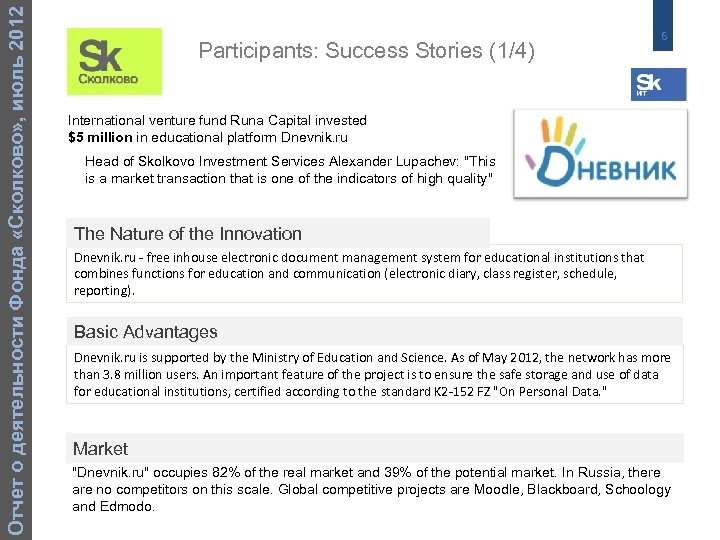 Отчет о деятельности Фонда «Сколково» , июль 2012 Participants: Success Stories (1/4) 6 International
