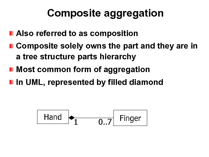 Composite aggregation Also referred to as composition Composite solely owns the part and they