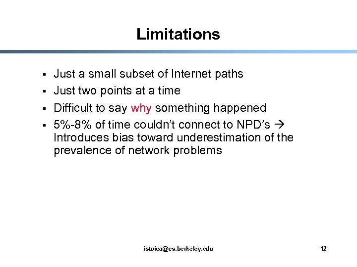 Limitations § § Just a small subset of Internet paths Just two points at