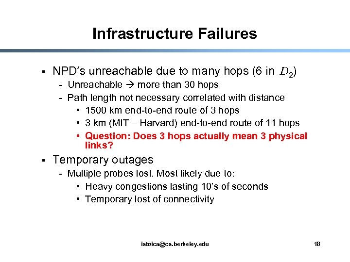 Infrastructure Failures § NPD’s unreachable due to many hops (6 in D 2) -