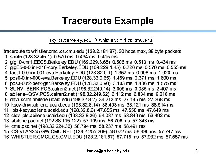 Traceroute Example sky. cs. berkeley. edu whistler. cmcl. cs. cmu. edu istoica@cs. berkeley. edu