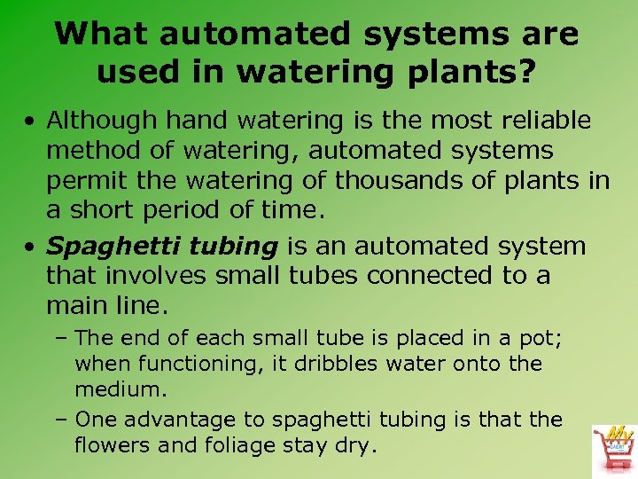 What automated systems are used in watering plants? • Although hand watering is the